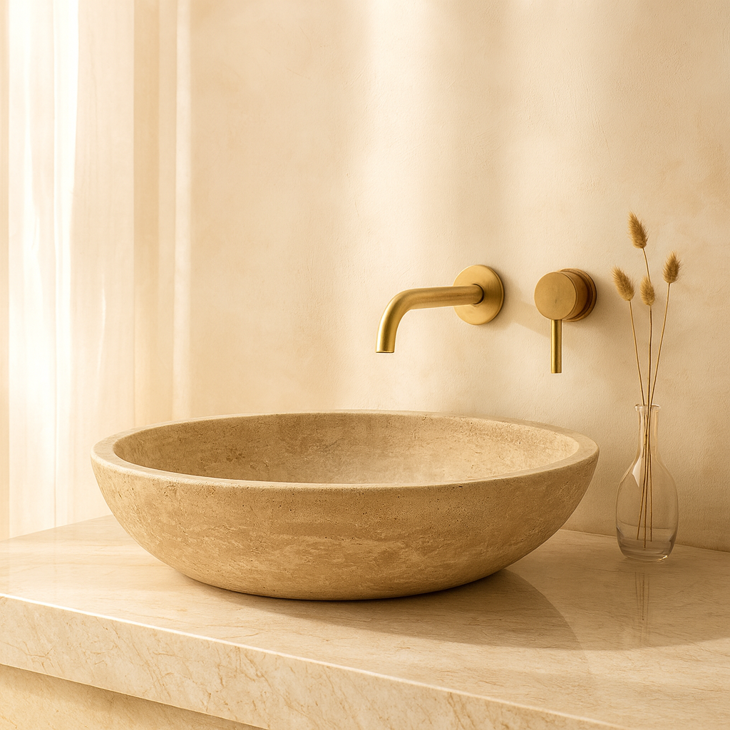 Mocha Traverten Mermer Oval Lavabo – Doğal Taş Banyo Lavabosu (37×50×14 cm)
