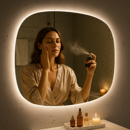 Asimetrik LED Ayna – Modern Organik Form Banyo Aynası, Arka Işıklı Tasarım, Dekoratif Duvar Aynası