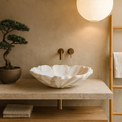 Doğal Mermer Çiçek Formu Lavabo – El Oyması Lüks Tezgâh Üstü Lavabo