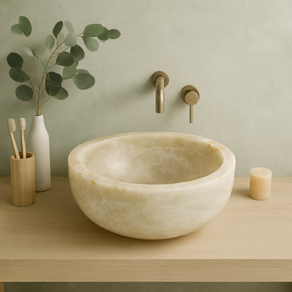 Oniks Mermer Yuvarlak Lavabo – Doğal Taş El Yapımı Oniks Banyo Lavabosu (40×40×15 cm)