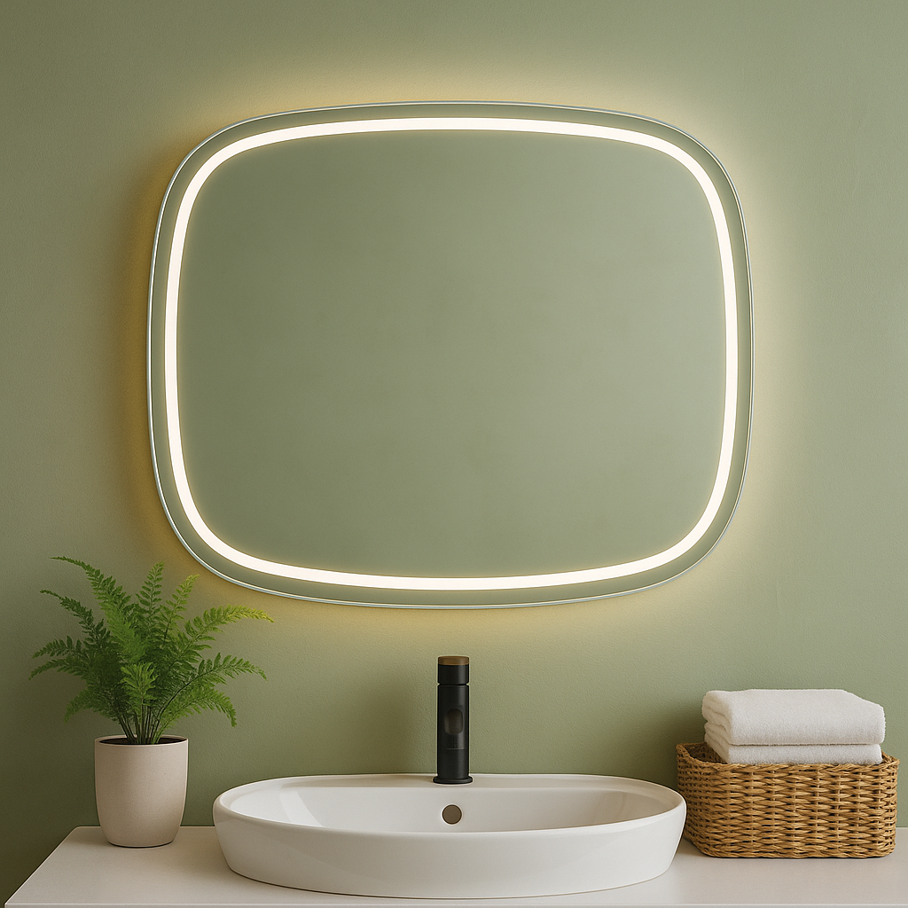 Modern LED Aydınlatmalı Organik Duvar Aynası – Asimetrik Tasarım Banyo ve Salon Dekor Aynası