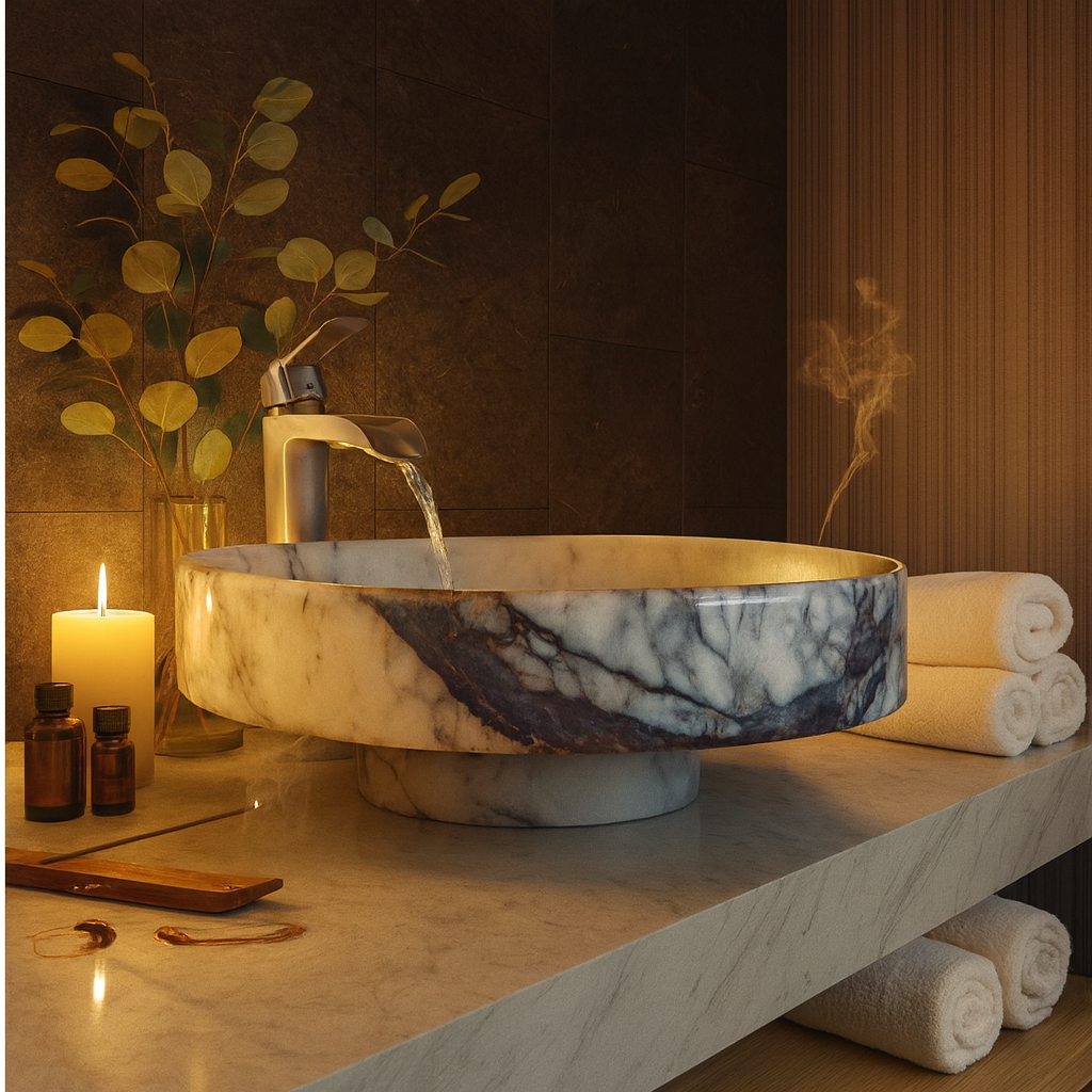 New York Mermeri Yuvarlak Doğal Taş Lavabo – 39×39×11 cm