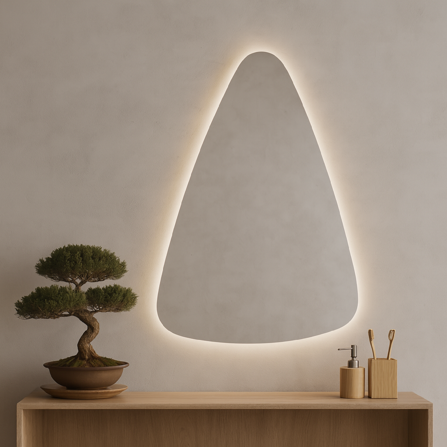 Modern Asimetrik LED Ayna – Mermer Banyo İçin Dekoratif Tasarım Duvar Aynası | Sıcak/Soğuk Işıklı Lüks Aydınlatmalı Ayna