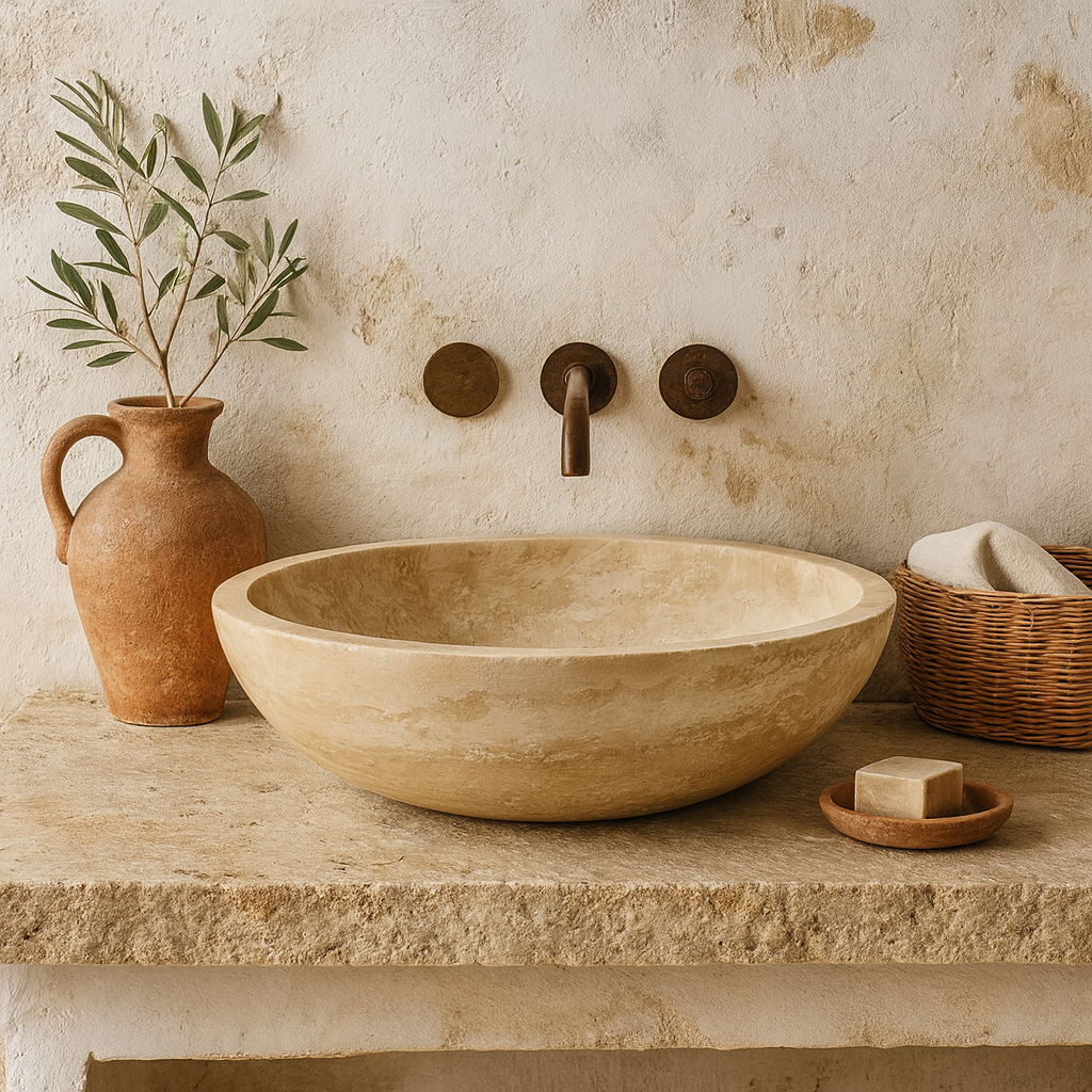 Light Travertine Mermer Lavabo – Doğal Traverten Taş Banyo Lavabosu | 40,5 × 40,5 × 10 cm