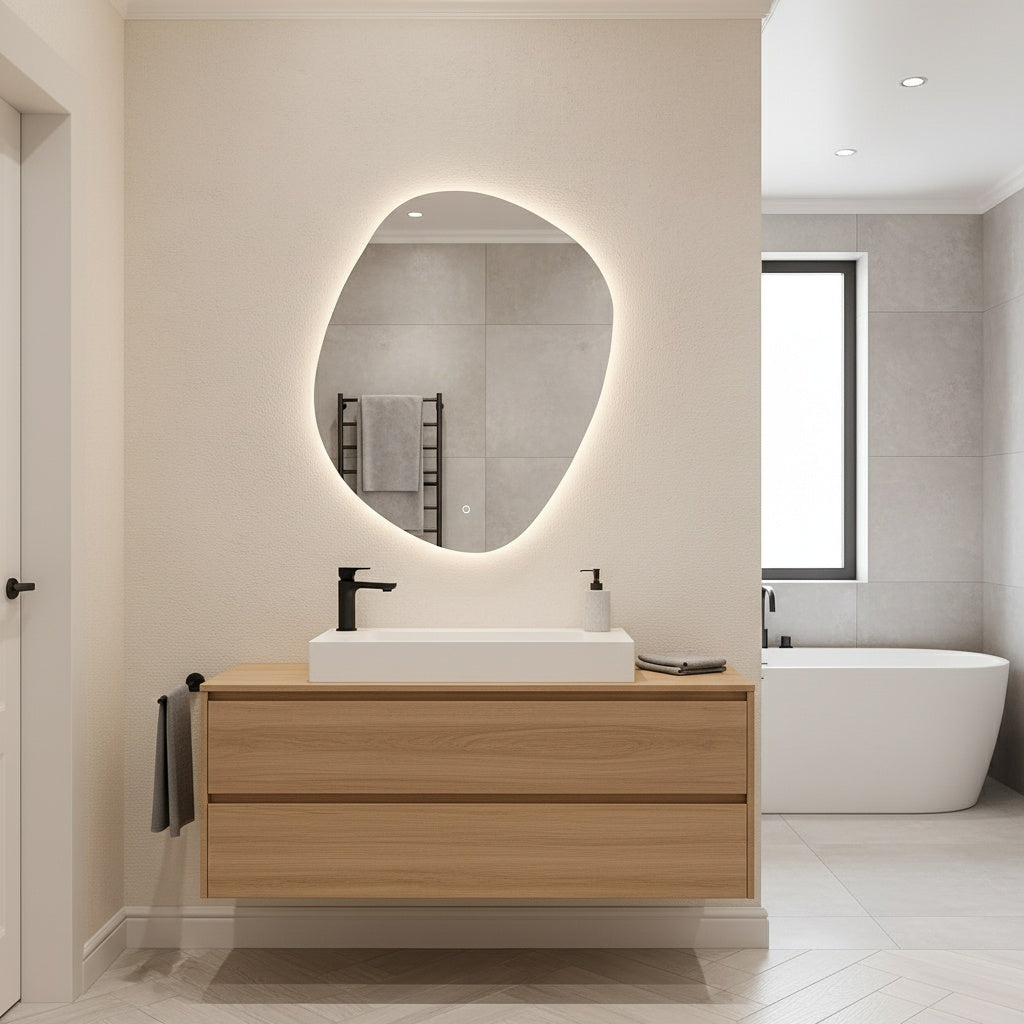 Modern Organik Şekilli LED Banyo Aynası – Arka Işıklı Dekoratif Ayna, Minimalist Tasarım Aydınlatmalı Ayna