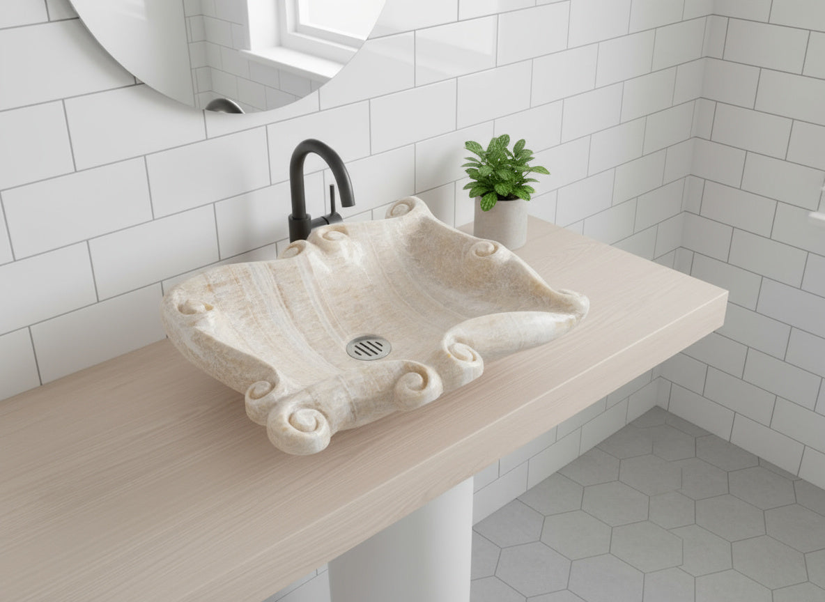Oniks Mermer Lavabo – Doğal Taş Banyo Lavabosu, Lüks El Oyması Oniks Tezgâh Üstü Lavabo (60×48×14 cm)