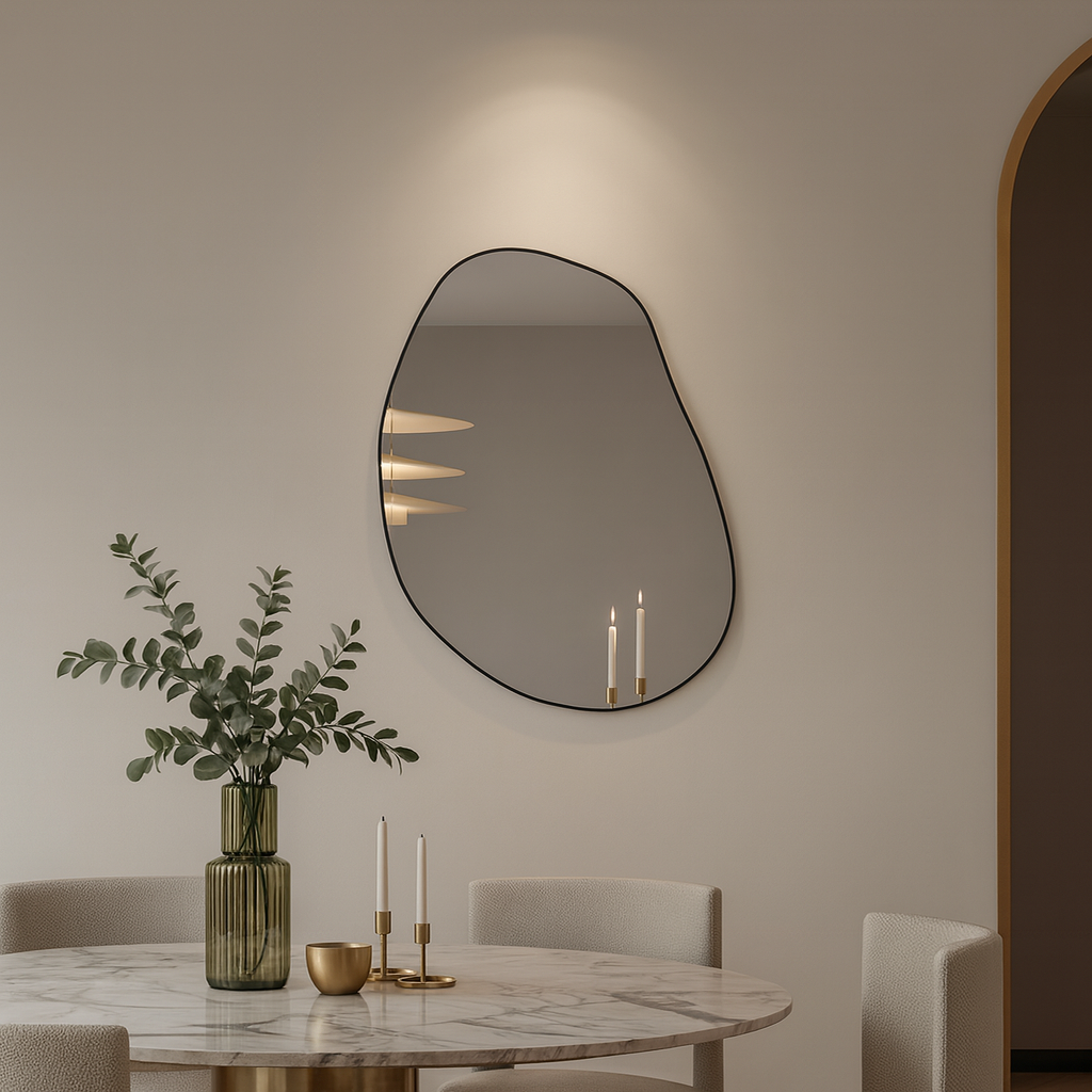 Modern Düzensiz Organik Form Duvar Aynası – Çerçeveli Dekoratif Banyo ve Salon Ayna Modeli