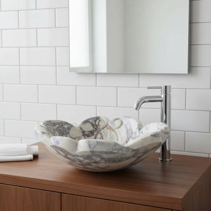 El Oyma Çiçek Formlu Mermer Lavabo – Lüks Doğal Taş Tezgâh Üstü Banyo Lavabosu (L 42 × W 42 × H 14 cm)