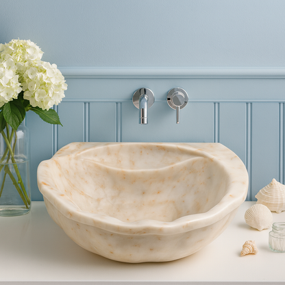 Bej Oniks Mermer Lavabo – El Yapımı Doğal Taş Banyo Lavabosu (50×40×15 cm)