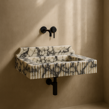 Calacatta Viola Mermer Çift Lavabolu Özel Tasarım Banyo Lavabosu – Fluted (Yivli) Blok Mermer Tezgâh Üstü Modeli – L90 × W50 × H30,5 cm