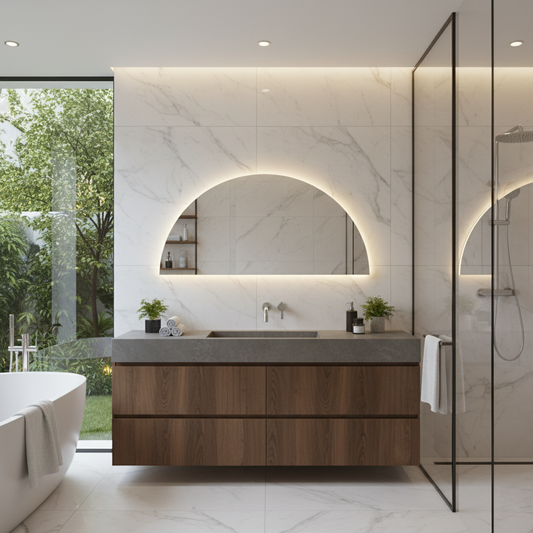 Yarım Daire LED Banyo Aynası – Modern Işıklı Ayna, Arkadan Aydınlatmalı Tasarım, Şık Banyo Dekoru