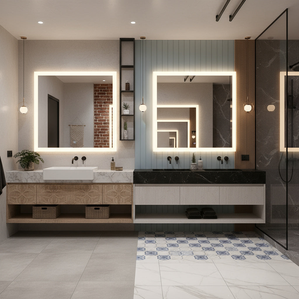 Modern Kare LED Aydınlatmalı Banyo Aynası – Sıcak Işıklı Arka Aydınlatmalı Tasarım
