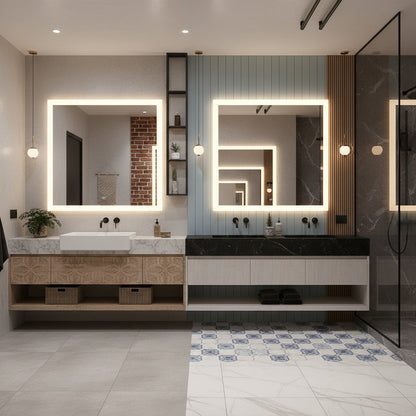 Modern Kare LED Aydınlatmalı Banyo Aynası – Sıcak Işıklı Arka Aydınlatmalı Tasarım