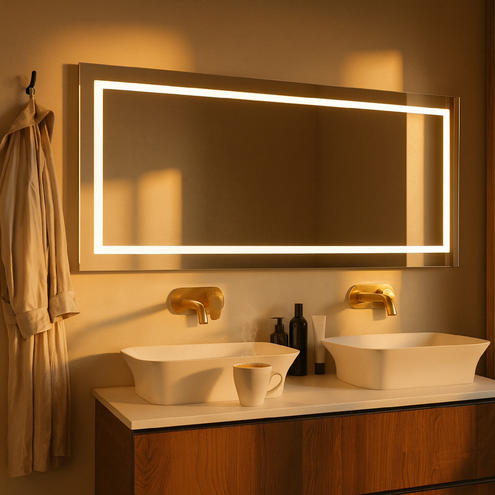 Büyük LED Işıklı Dikdörtgen Banyo Aynası – Modern Çerçevesiz Tasarım, Touch ve Duvar Anahtarlı