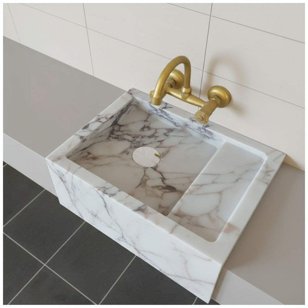Calacatta Viola Mermer Duvara Monte Lavabo – Özel Üretim Lüks Banyo Lavabosu (36×46×13 cm)