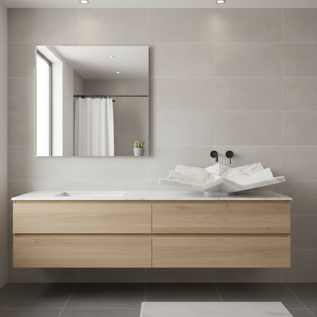 Modern Geometrik Tasarımlı Mermer Lavabo – El Yapımı Doğal Taş Tezgâh Üstü Banyo Lavabosu (L 55 × W 45 × H 14 cm)