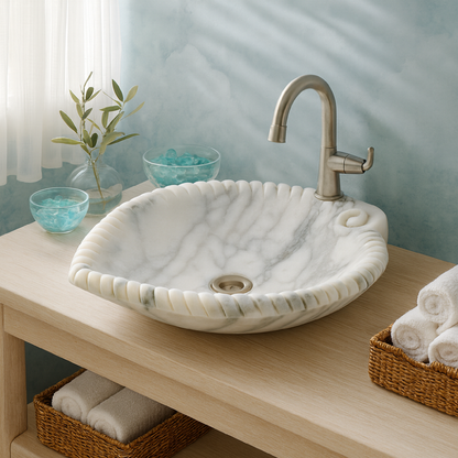 White Marble Lavabo – Doğal White Marble Tezgâh Üstü Banyo Lavabosu (L 45 × W 55 × H 14 cm)