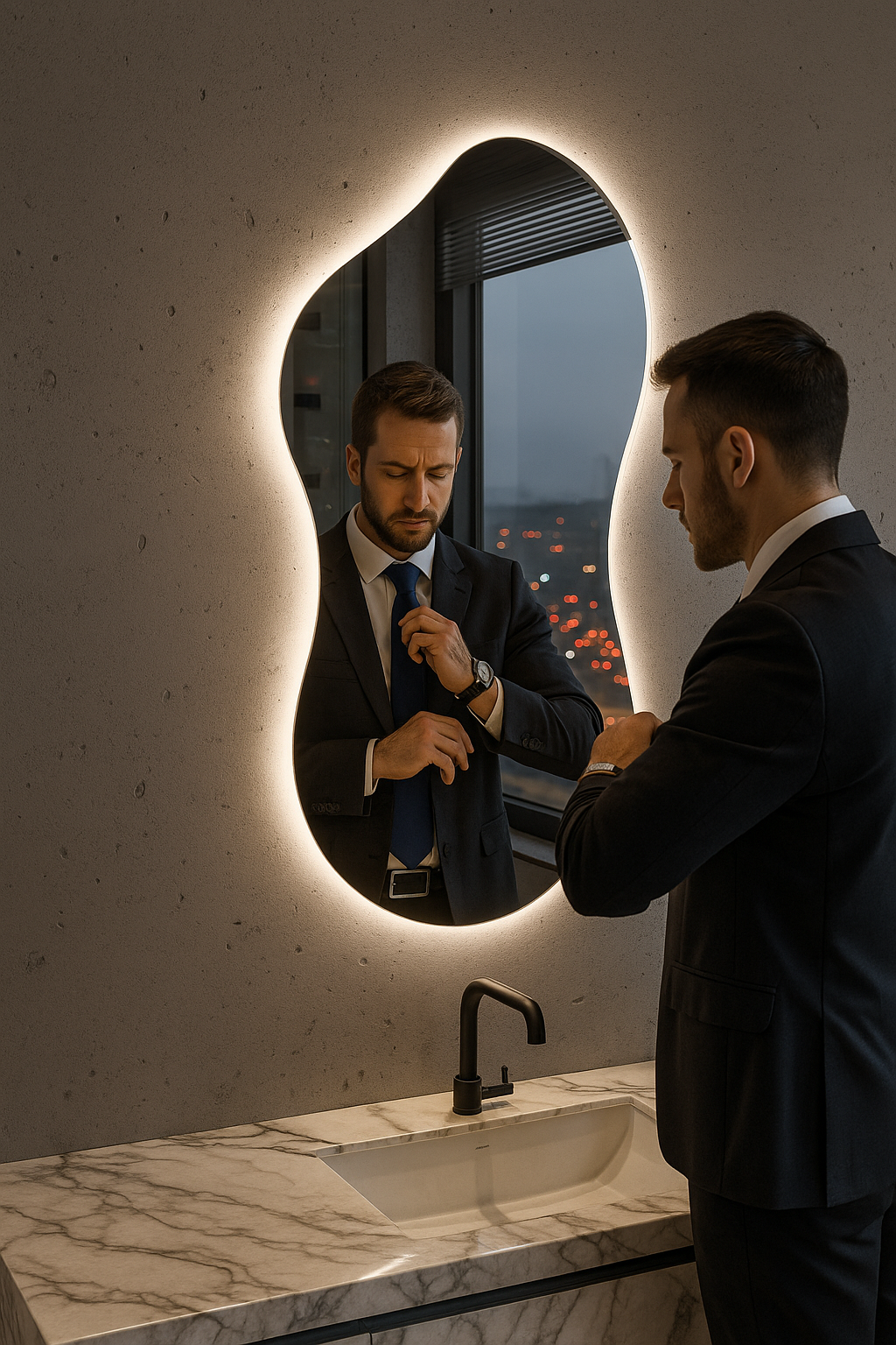 Asimetrik LED Ayna | Modern Dekoratif Duvar ve Banyo Aynası | Organik Form Işıklı Ayna Tasarımı