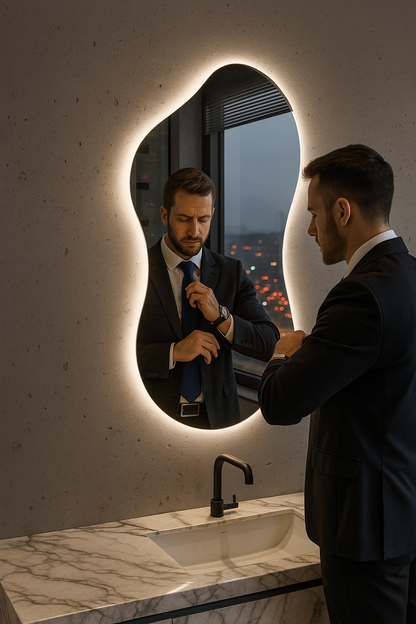 Asimetrik LED Ayna | Modern Dekoratif Duvar ve Banyo Aynası | Organik Form Işıklı Ayna Tasarımı
