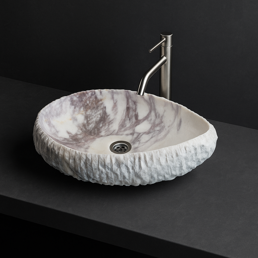 Doğal Mermer Lavabo – Krem & Pembe Damar Desenli Tezgâh Üstü Doğaltaş Banyo Lavabosu (L 55 × W 40 × H 14 cm)