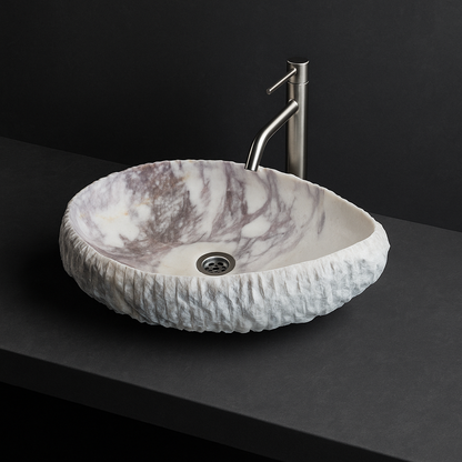 Doğal Mermer Lavabo – Krem & Pembe Damar Desenli Tezgâh Üstü Doğaltaş Banyo Lavabosu (L 55 × W 40 × H 14 cm)