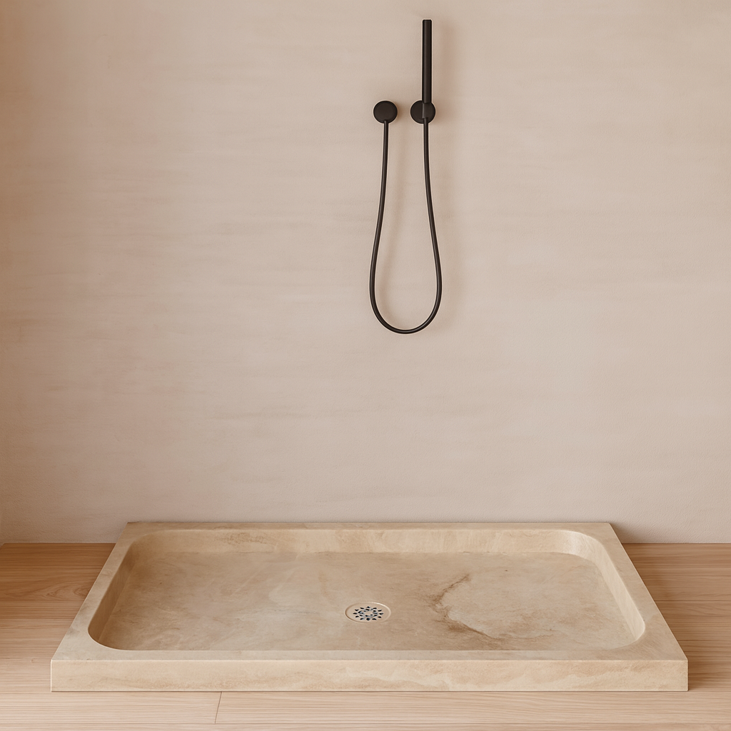 Troia Light Traverten Dikdörtgen – Doğal Taş Traverten Banyo Duş Tabanı (161×88×8 cm)