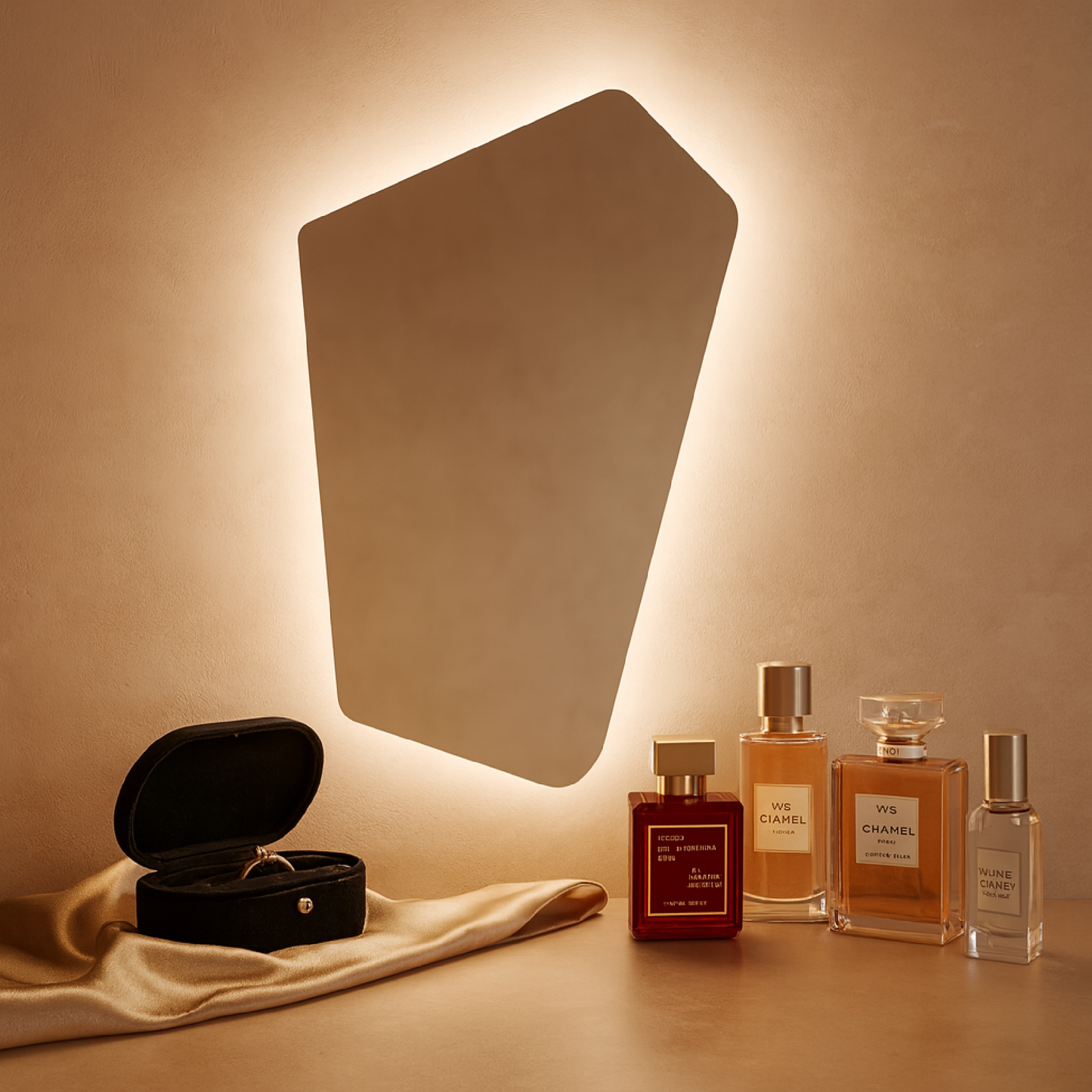 Asimetrik LED Işıklı Ayna – Minimal ve Şık Düzensiz Form Banyo Duvar Aynası