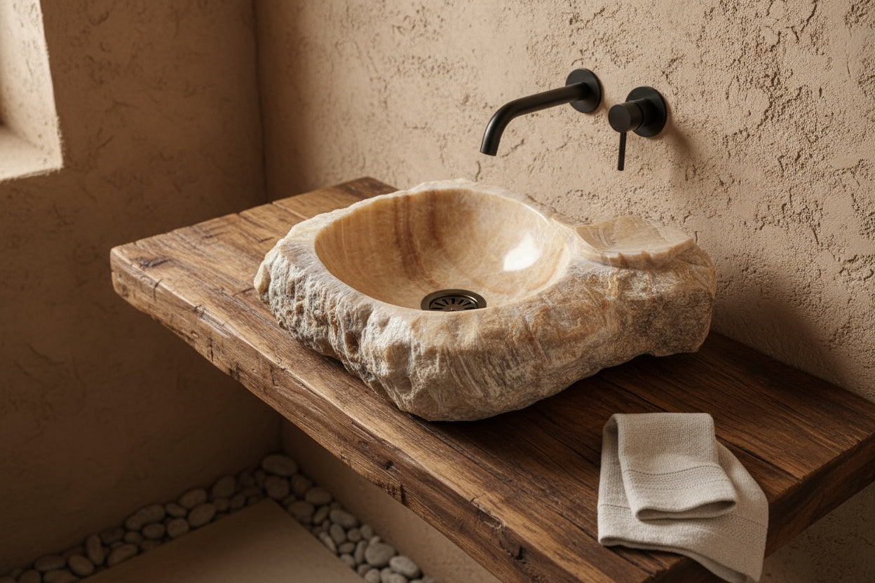 Honey Onyx Marble Lavabo – Doğal Honey Onyx Mermer Tezgâh Üstü Banyo Lavabosu (L 55 × W 45 × H 14 cm)