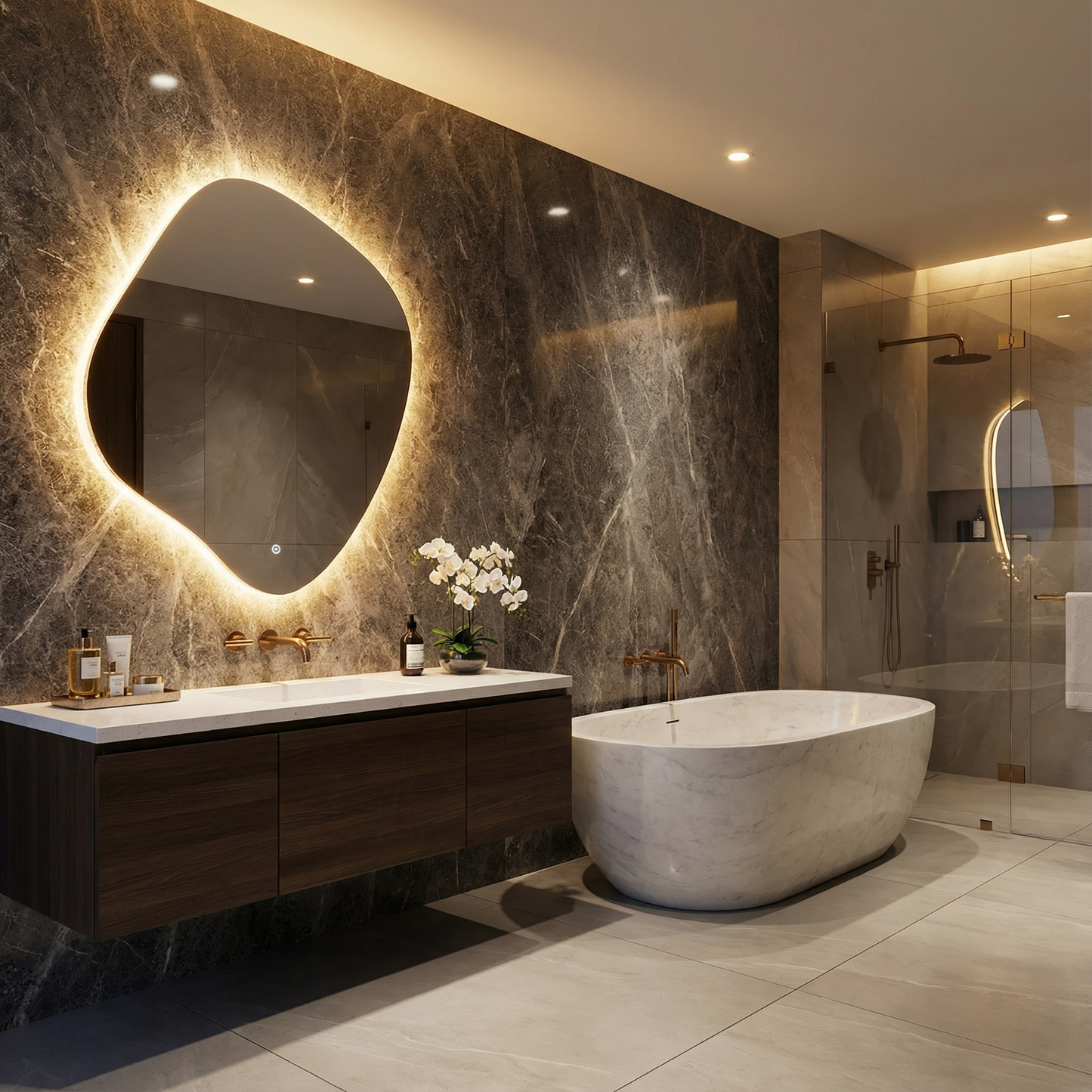 Modern Asimetrik LED Ayna – Organik Şekilli Işıklı Duvar Aynası, Banyo & Makyaj Aynası, Dekoratif LED Aydınlatmalı Ayna