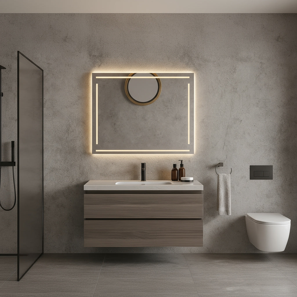 Geometrik Çizgili LED Banyo Aynası – Modern Dikdörtgen Işıklı Duvar Aynası