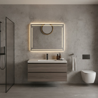 Geometrik Çizgili LED Banyo Aynası – Modern Dikdörtgen Işıklı Duvar Aynası