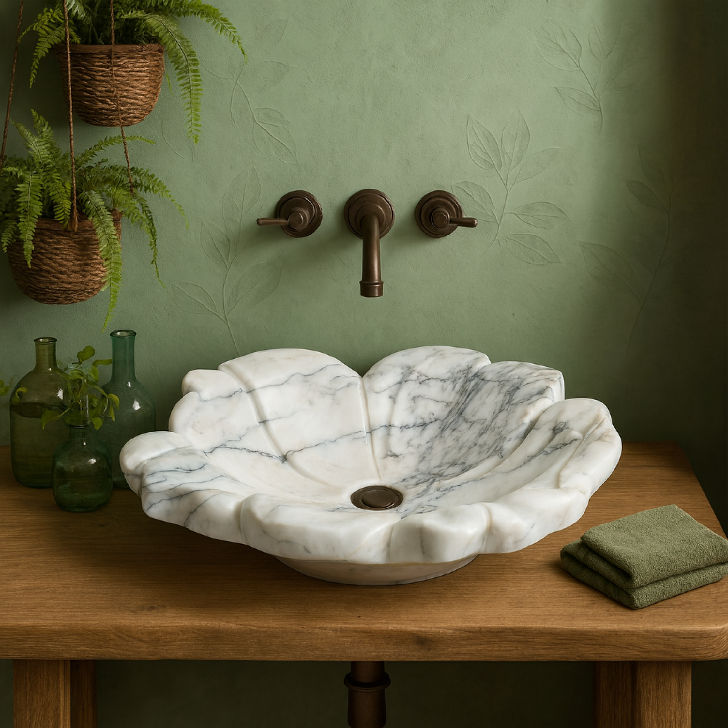 White Marble Lavabo – Doğal Panda White Mermer Tezgâh Üstü Banyo Lavabosu (L 57 × W 50 × H 14 cm)