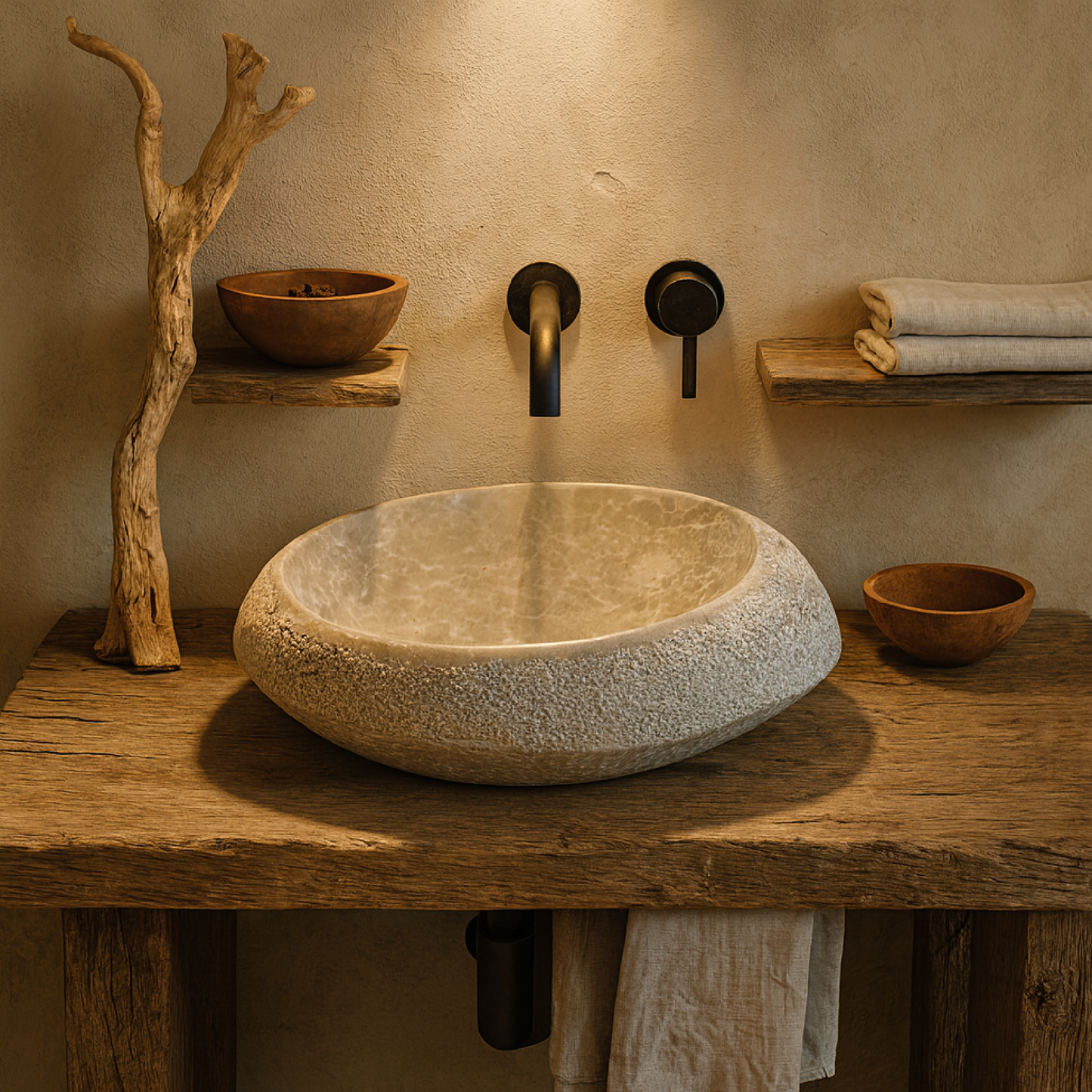 Lüks Doğal Mermer Lavabo – Rustik Dış Yüzeyli El Oyması Banyo Lavabosu