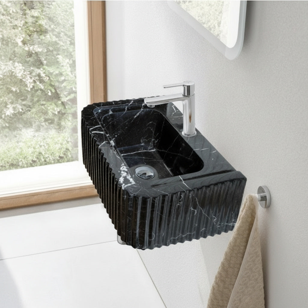 Toros Siyah Mermer Duvara Monte Dikdörtgen Lavabo – El Yapımı Lüks Banyo Lavabosu | Türkiye Mermer Ustaları