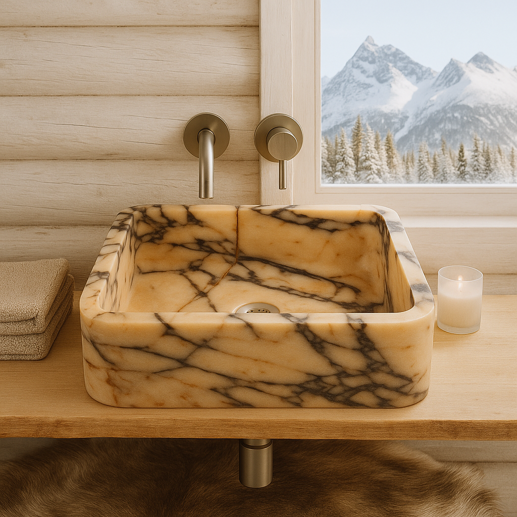 Calacatta Viola Mermer Lavabo – El Yapımı Dikdörtgen Banyo Lavabosu | L45 × W30 × H15 cm