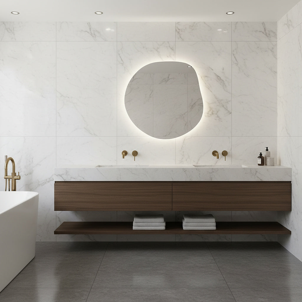 Modern LED Aydınlatmalı Asimetrik Ayna – Organik Form Dekoratif Duvar ve Banyo Aynası