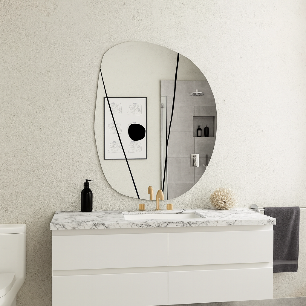Modern Organik Form Dekoratif Duvar Aynası – Tasarım Asimetrik Banyo Aynası, Şık Minimalist Ayna Modeli