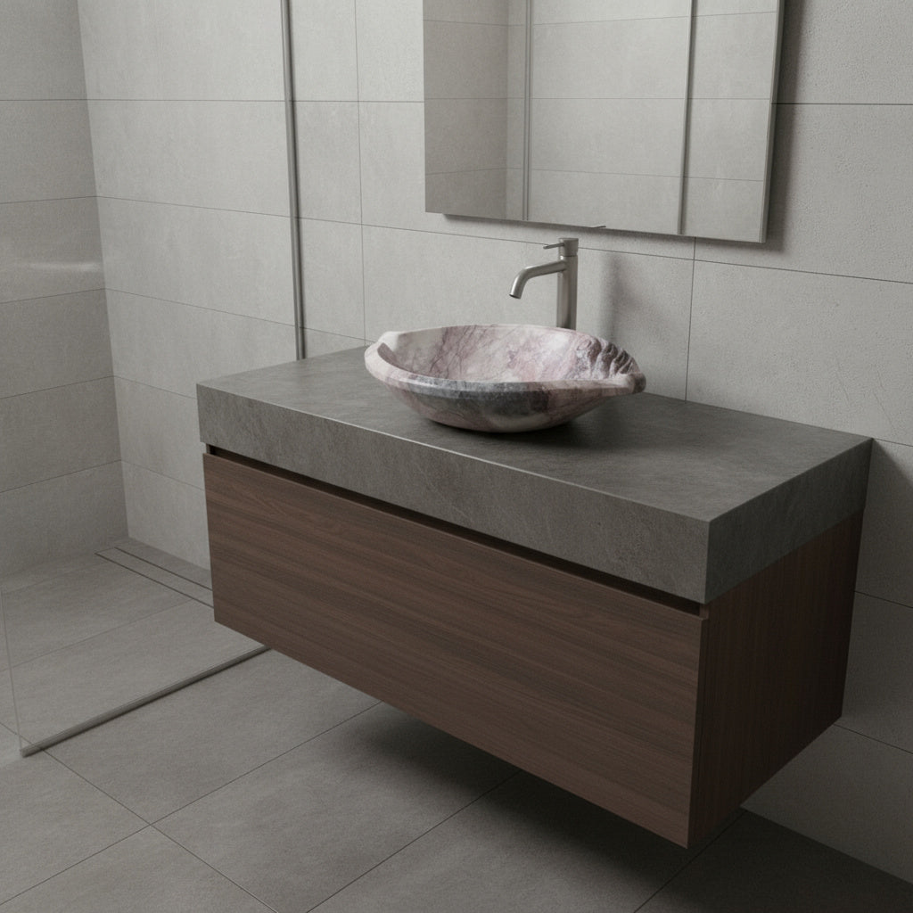 Rosso Levanto Marble Lavabo – Doğal Rosso Levanto Mermer Tezgâh Üstü Banyo Lavabosu (L 65 × W 40 × H 14 cm)