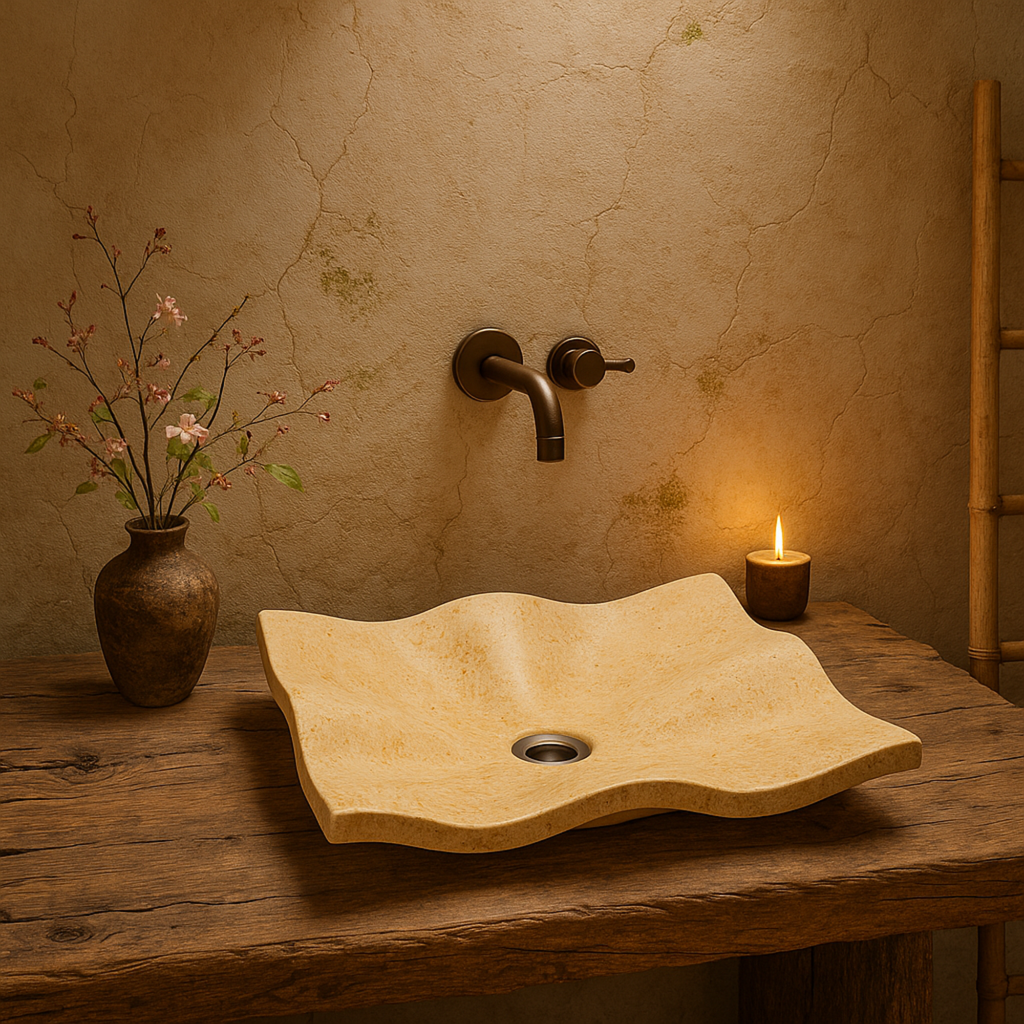 Limra Mermeri Doğaltaş Lavabo – El Oyması Dalga Formlu Mermer Banyo Lavabosu (60×45×13 cm)