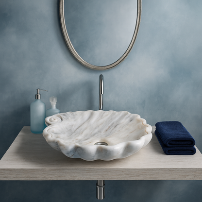 Beyaz Mermer Lavabo – Doğal Beyaz Mermer Tezgâh Üstü Banyo Lavabosu (L 45 × W 45 × H 15 cm)