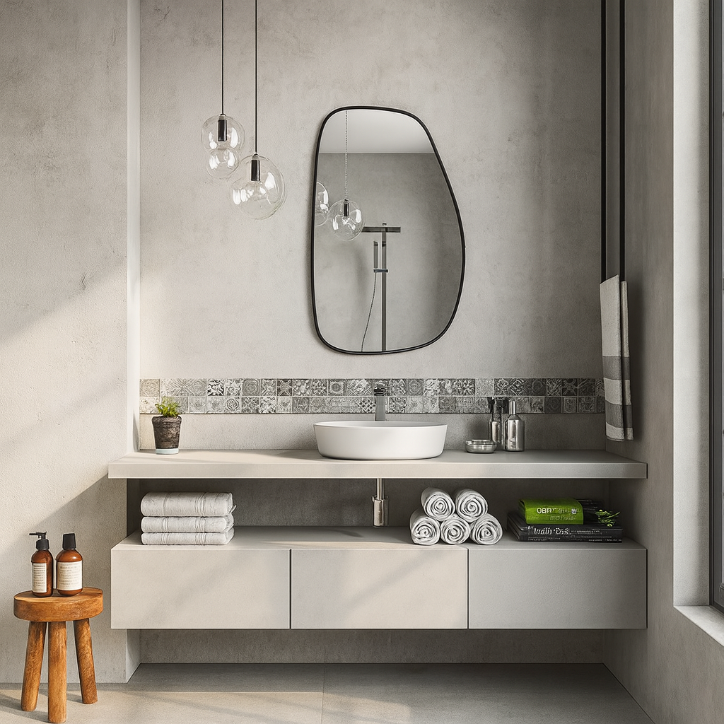 Modern Organik Form Banyo Aynası – Çerçeveli Asimetrik Duvar Aynası | Minimalist Şık Dekor Ayna