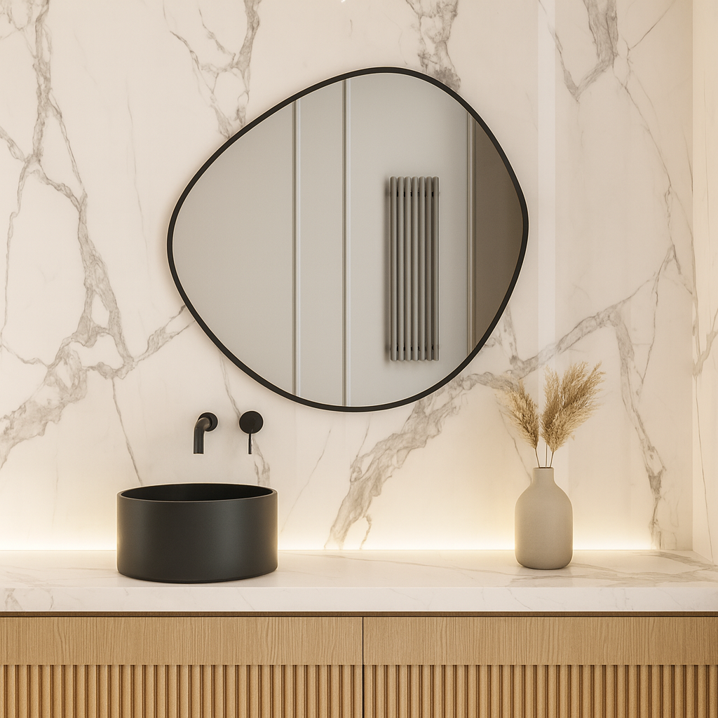 Modern Organik Form Banyo Aynası – Çerçeveli Asimetrik Ayna, Tasarım Duvar Aynası, Mermer Banyo İçin Şık Dekoratif Ayna