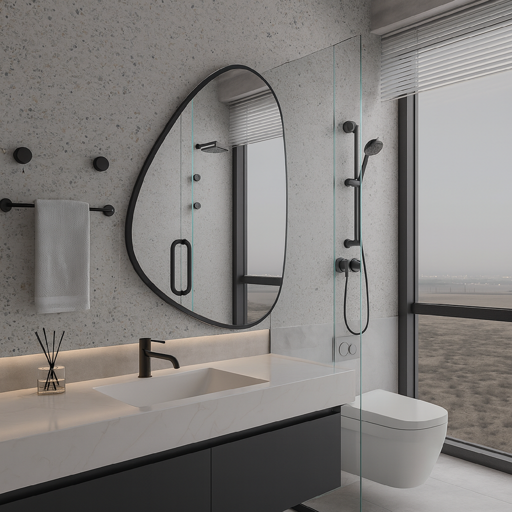 Modern Organik Şekilli Çerçeveli Düzensiz Banyo Aynası – Dekoratif Asimetrik Duvar Aynası