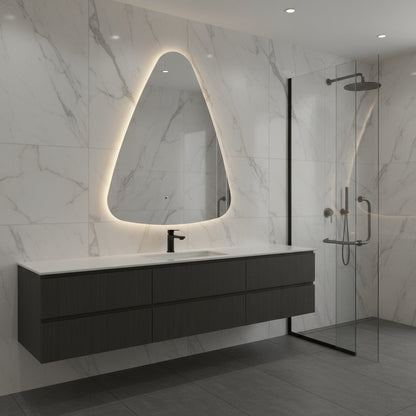 Modern Asimetrik LED Ayna – Mermer Banyo İçin Dekoratif Tasarım Duvar Aynası | Sıcak/Soğuk Işıklı Lüks Aydınlatmalı Ayna