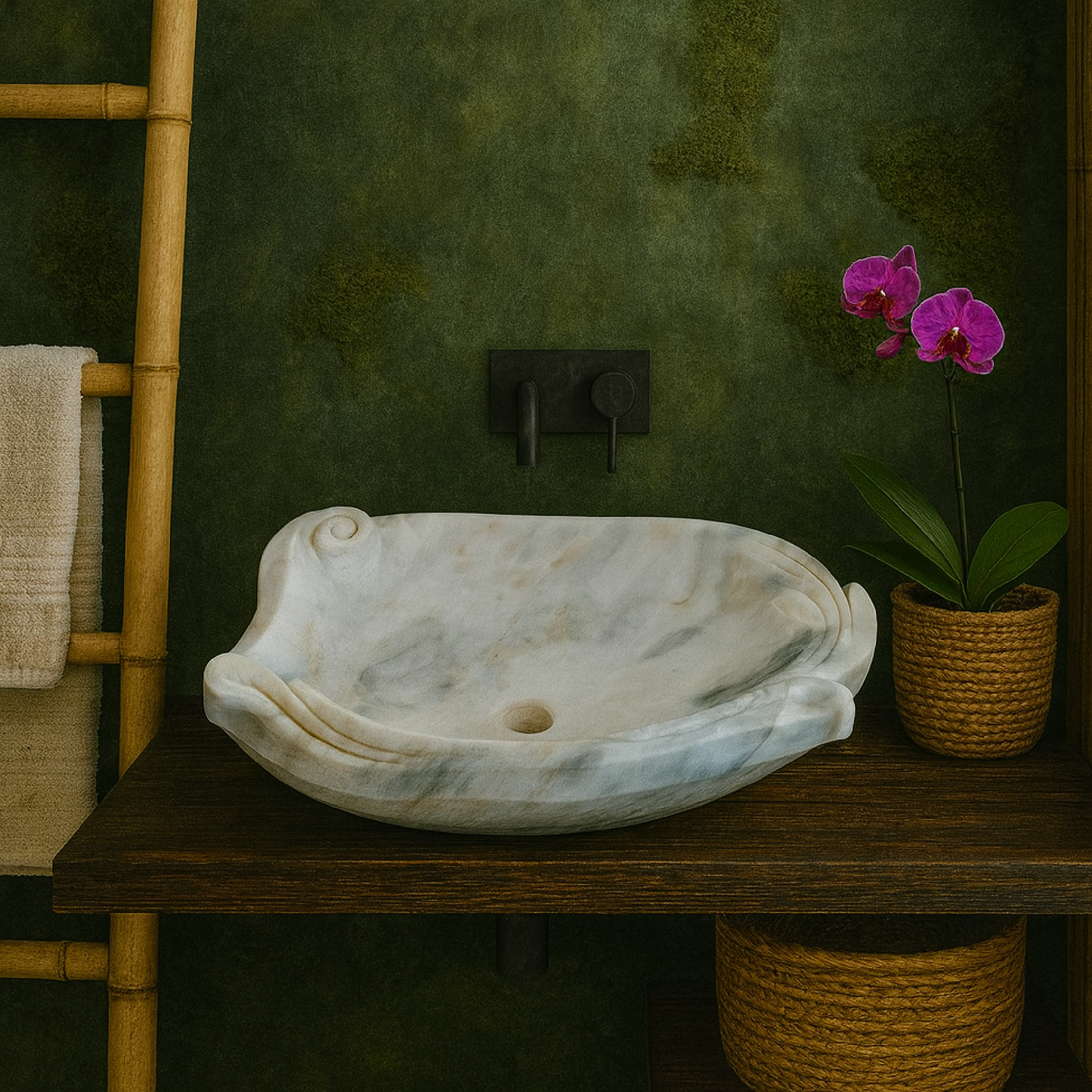 Organik Formlu Mermer Lavabo – Modern Doğal Taş Tezgâh Üstü Banyo Lavabosu (L 60 × W 45 × H 15 cm)