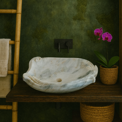 Organik Formlu Mermer Lavabo – Modern Doğal Taş Tezgâh Üstü Banyo Lavabosu (L 60 × W 45 × H 15 cm)