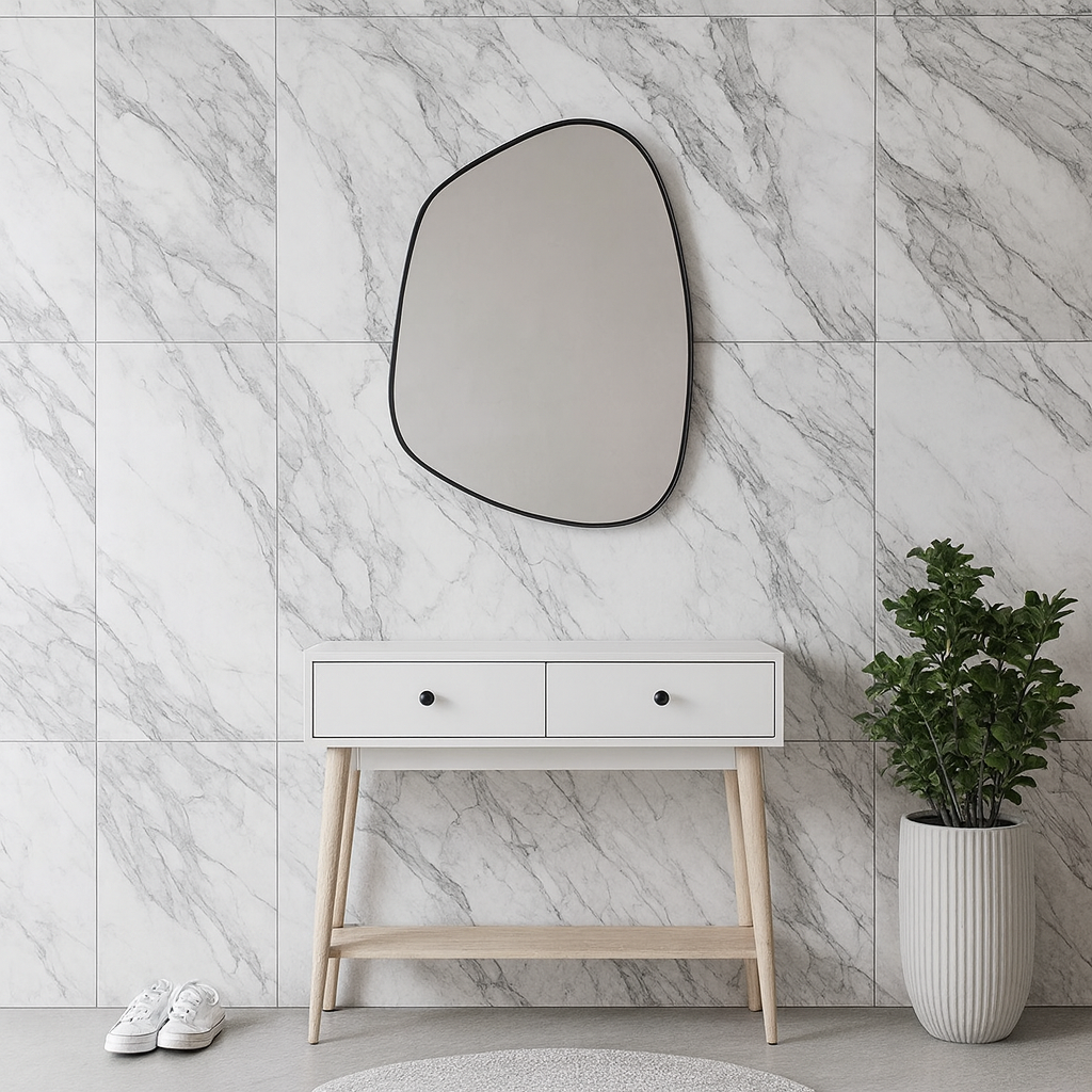 Modern Asimetrik Banyo Aynası – Çerçeveli Organik Şekilli Duvar Aynası