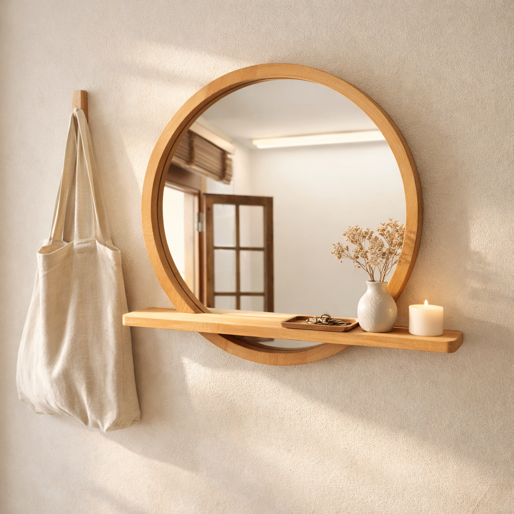 Raflı Masif Kayın Ağacı Yuvarlak Ayna – İskandinav Tarzı Antre ve Banyo Aynası
