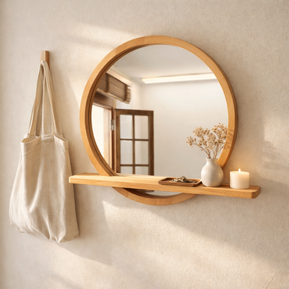 Raflı Masif Kayın Ağacı Yuvarlak Ayna – İskandinav Tarzı Antre ve Banyo Aynası
