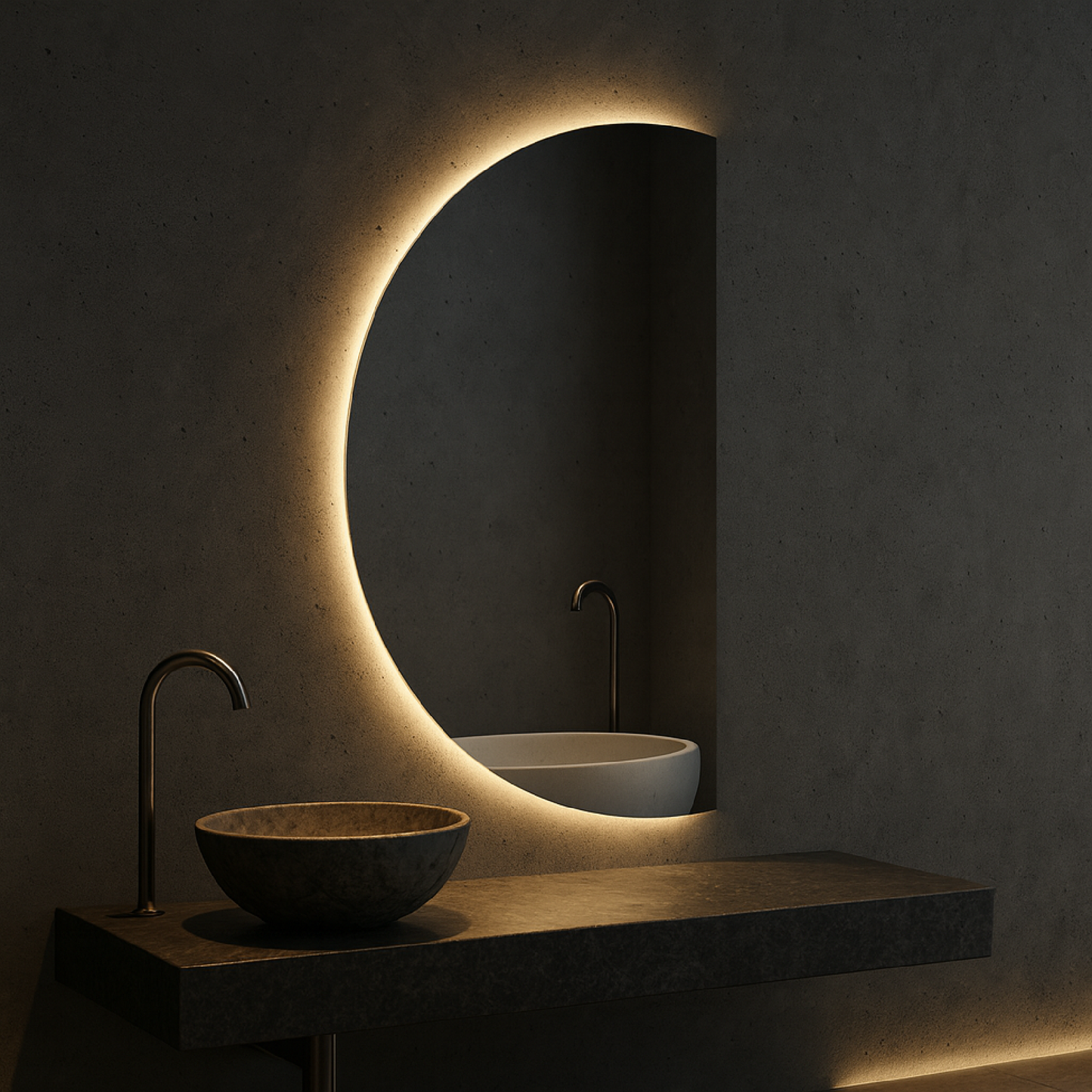 Yarım Ay LED Banyo Aynası – Modern Arkadan Aydınlatmalı Ayna, Dekoratif Minimal Tasarım Aydınlatmalı Ayna